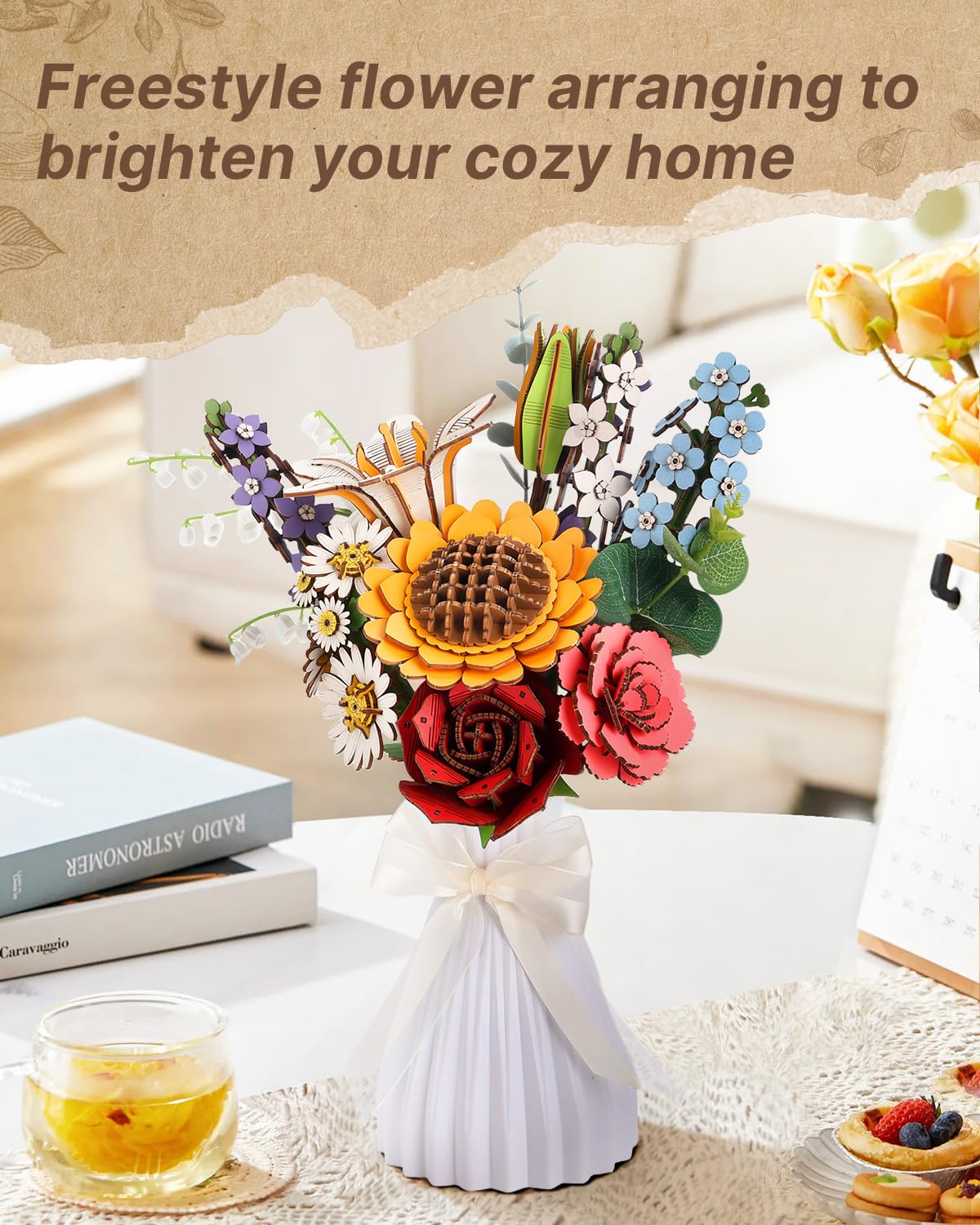 3D Wooden Puzzles Flower Bouquet, 395 Pieces DIY 3D Flowers Puzzle for Adults Model Kit Building Set, Creative Gift Idea for Lovers Home Decor (Sunflower/Carnation/White Lily/Daisy/Red Rose) - Image 4