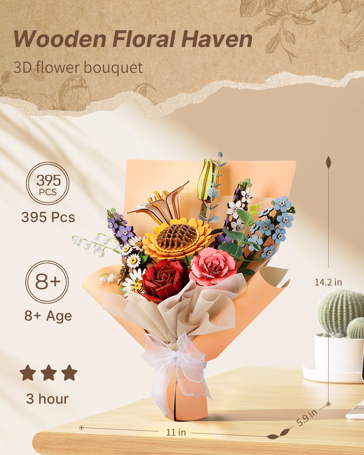 3D Wooden Puzzles Flower Bouquet, 395 Pieces DIY 3D Flowers Puzzle for Adults Model Kit Building Set, Creative Gift Idea for Lovers Home Decor (Sunflower/Carnation/White Lily/Daisy/Red Rose) - Image 6