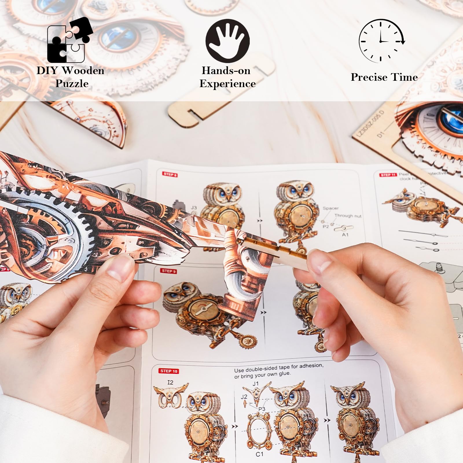 3D Wooden Puzzles for Adults Mechanical Owl Clock - Model Building Kit for Men Women Clock Puzzle Creative Craft Gift Home Deco for DIY Enthusiasts, Brain Teaser Building Set for Adults (Owl) - Image 3