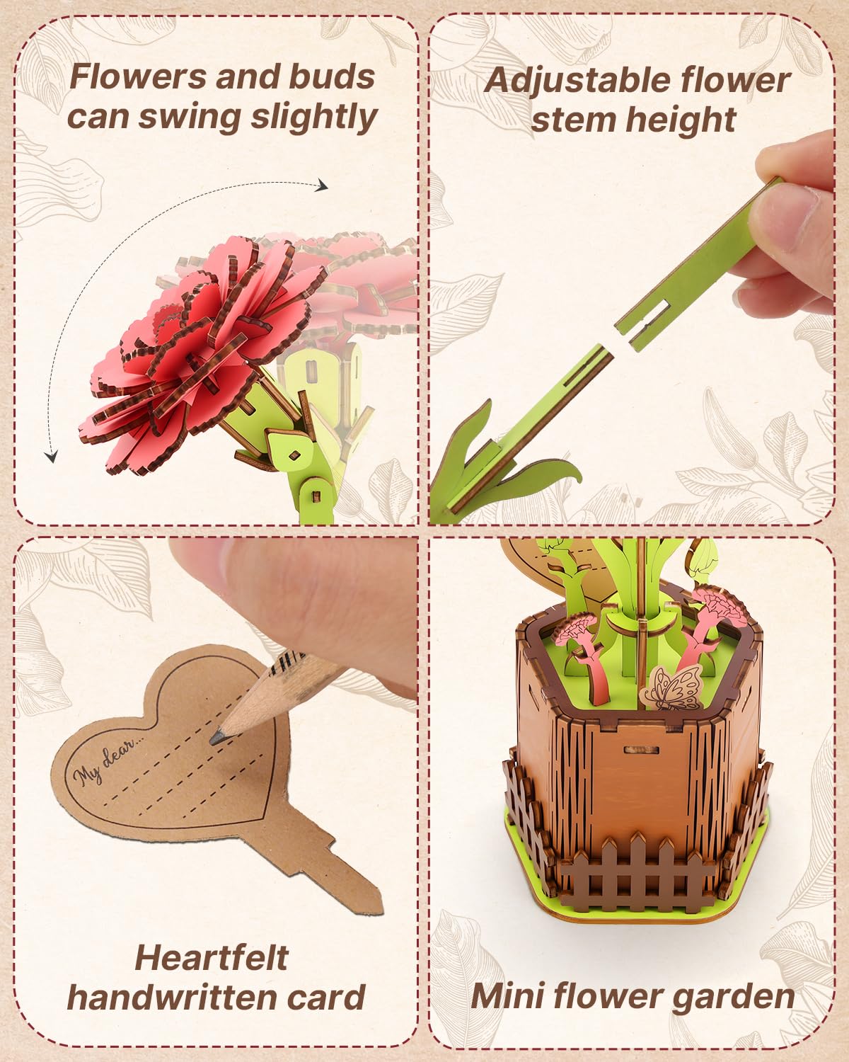 KAAYEE 3D Flower Wooden Puzzles for Adults, 90 PCS Wood Carnation DIY Craft Kit Brain Teaser Creative Gift for Puzzle Lovers Home Decors Fake Flowers for Table, Desk, Office - Image 6