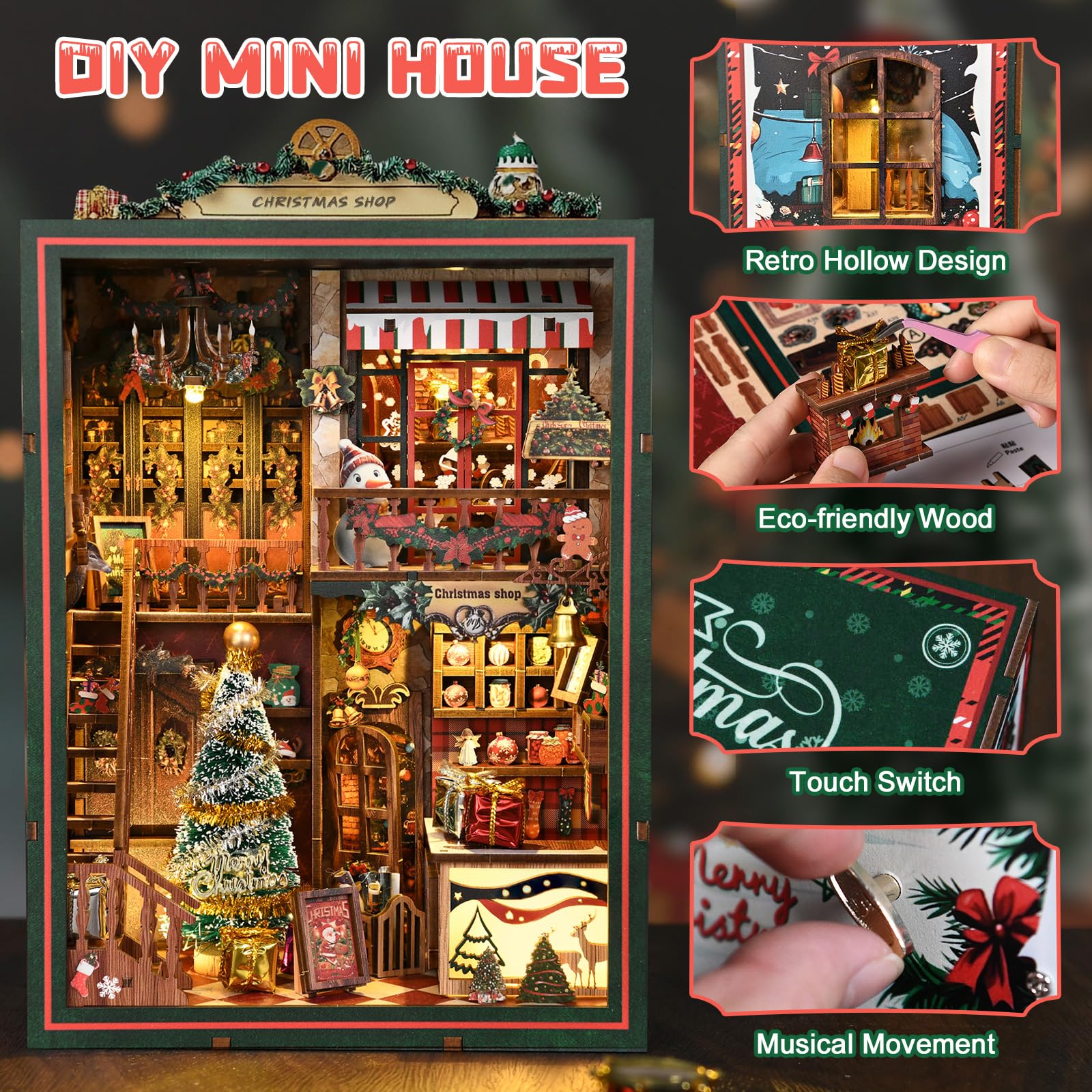 KAAYEE Book Nook Kit, 3D Wooden Puzzles for Adults, DIY Miniature House Kit for Adults, Booknook with LED Light, Gifts for Family, Friends and Book Lovers, Bookshelf Decor(Christmas Shop) - Image 5