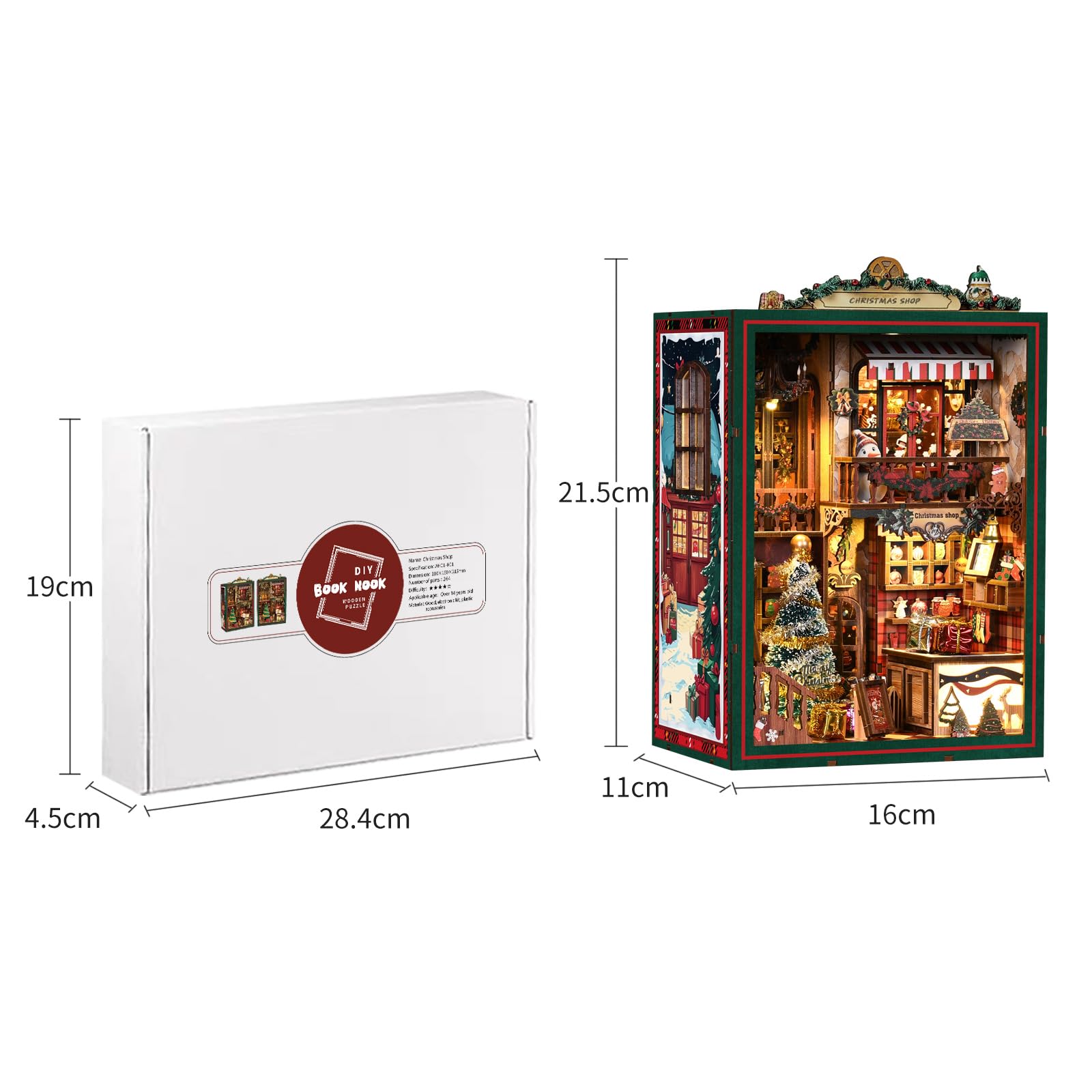KAAYEE Book Nook Kit, 3D Wooden Puzzles for Adults, DIY Miniature House Kit for Adults, Booknook with LED Light, Gifts for Family, Friends and Book Lovers, Bookshelf Decor(Christmas Shop) - Image 8