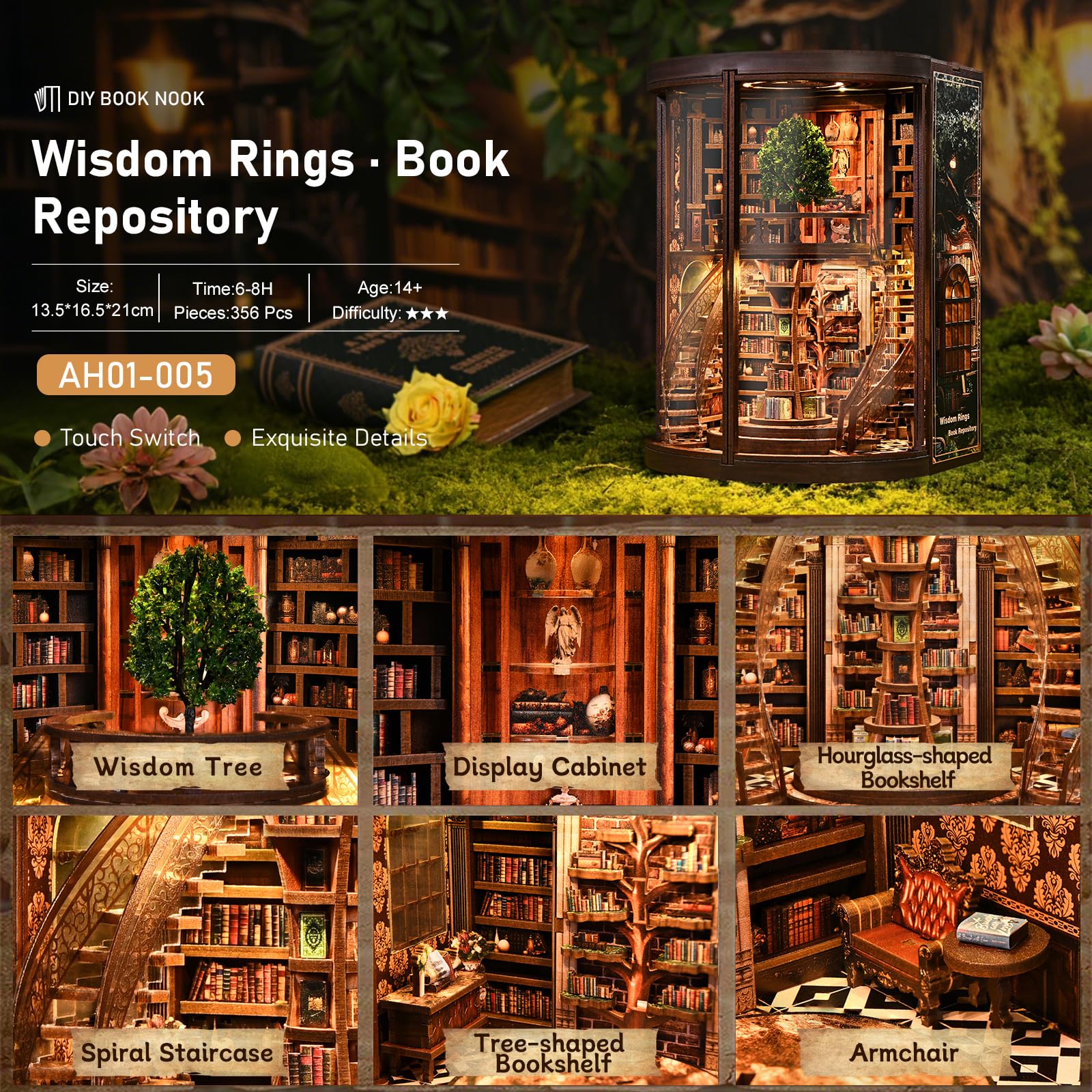 KAAYEE Book Nook Kit, 3D Wooden Puzzles for Adults, DIY Miniature House Kit for Adults, Booknook with LED Light, Gifts for Family, Friends and Book Lovers, Bookshelf Decor(Wisdom Rings) - Image 5