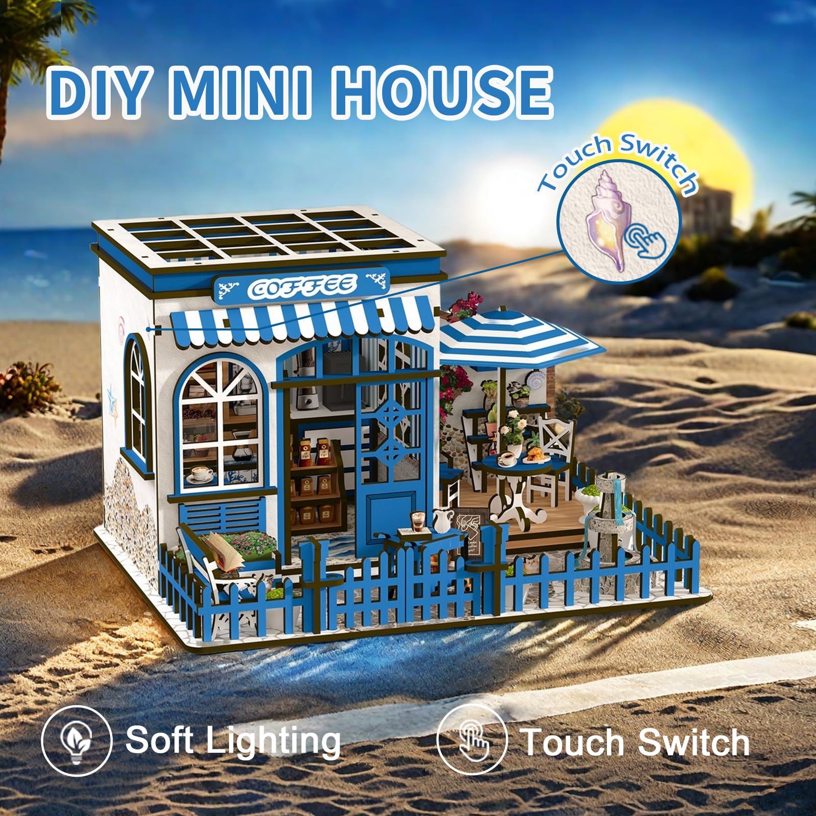 KAAYEE Book Nook Kit, 3D Wooden Puzzles for Adults, DIY Miniature House Kit for Adults, Booknook with LED Light, Gifts for Family, Friends and Book Lovers, Bookshelf Decor(Santorini Sun Café) - Image 3