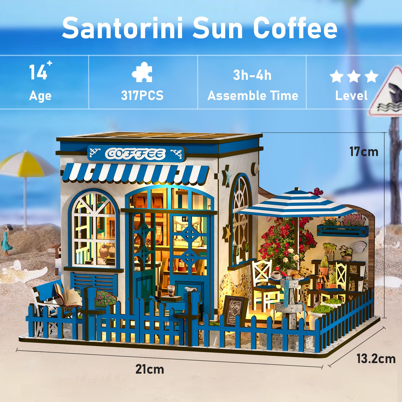 KAAYEE Book Nook Kit, 3D Wooden Puzzles for Adults, DIY Miniature House Kit for Adults, Booknook with LED Light, Gifts for Family, Friends and Book Lovers, Bookshelf Decor(Santorini Sun Café) - Image 5
