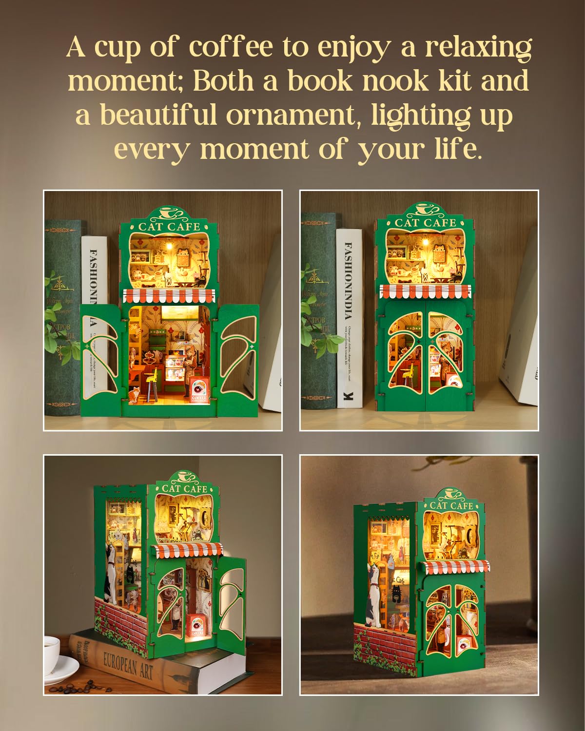 KAAYEE Book Nook Kit, 3D Wooden Puzzles for Adults, DIY Miniature House Kit for Adults, Booknook with LED Light, Gifts for Family, Friends and Book Lovers, Bookshelf Decor(Cat's Coffee House) - Image 5