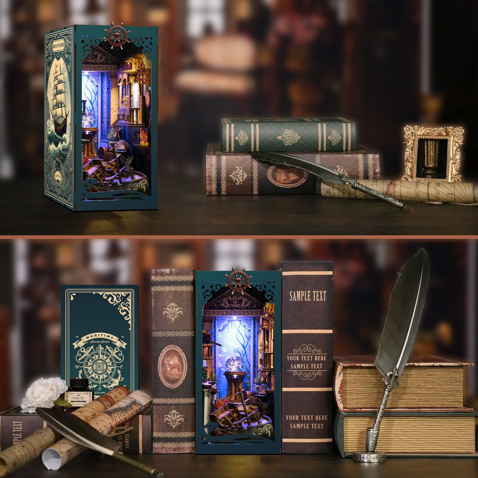 KAAYEE Book Nook Kit, 3D Wooden Puzzles for Adults, DIY Miniature House Kit for Adults, Booknook with LED Light, Gifts for Family, Friends and Book Lovers, Bookshelf Decor(Deep Sea Shadows) - Image 4