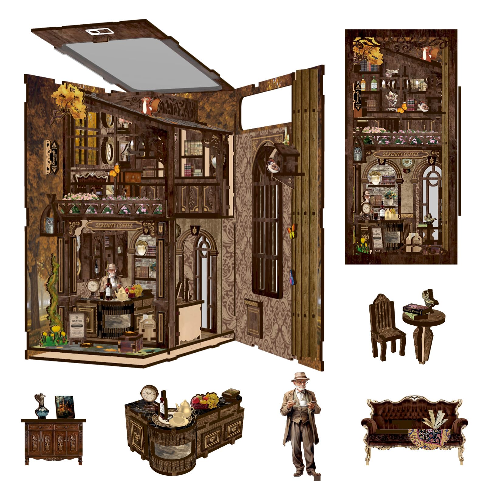 KAAYEE Book Nook Kit, 3D Wooden Puzzles for Adults, DIY Miniature House Kit for Adults, Booknook with LED Light, Gifts for Family, Friends and Book Lovers, Bookshelf Decor(Serene Café) - Image 4