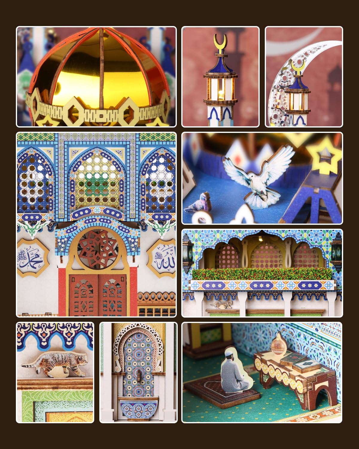 KAAYEE DIY Book Nook Kit, 326 PCS Miniature Booknook 13.5 * 9 * 5.5in Bookshelf Insert Decor Crafts for Adult 3D Wooden Puzzles Dollhouse Kit with LED Gift for Mom Birthday Home Decor(Mosque) - Image 7